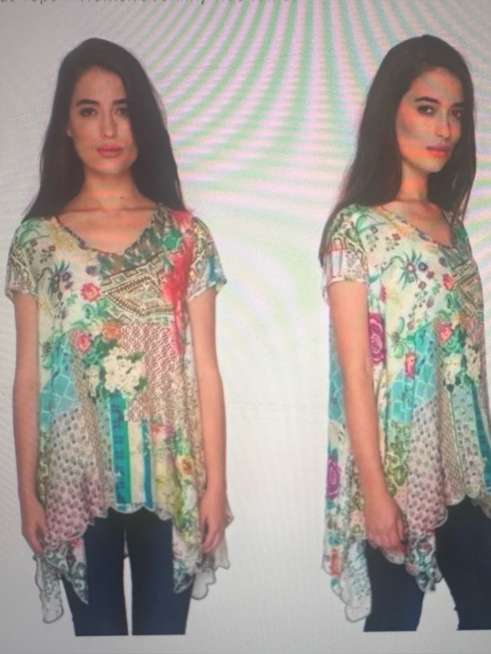 JOHNNY WAS Multicolor Floral Patchwork Short Sleeve Tunic, 100 % Silk - S